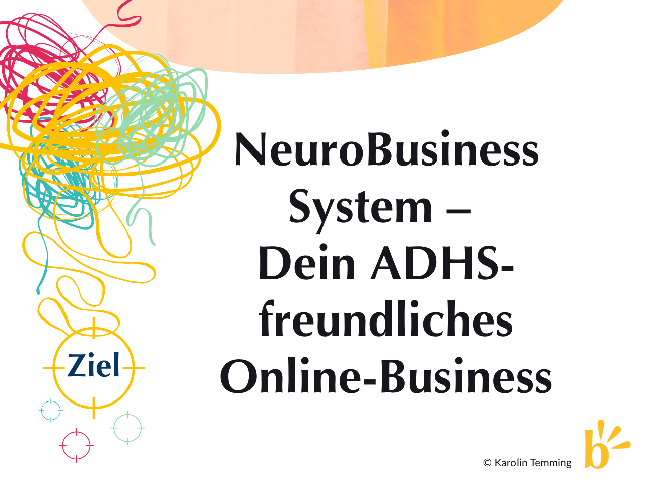 Viele bunte Fäden bilden eine Ideenwolke. Ein gelber Faden führt weiter zu einem Ziel.
