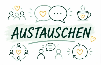 Austauschen: Menschen, Sprechblasen und ein Herz