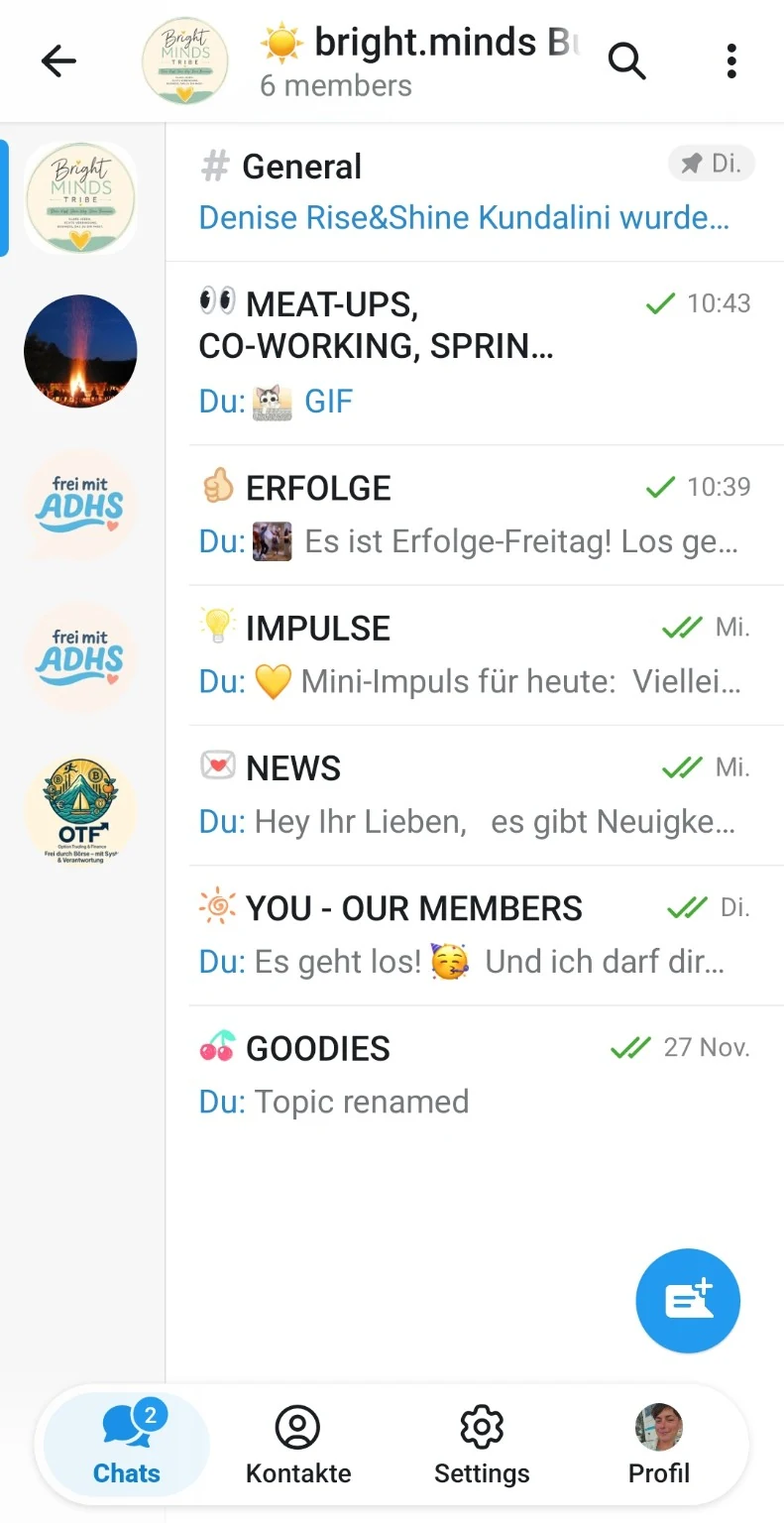 Telegram-Themenübersicht des bright.minds Tribe mit Bereichen für Co-Working, Erfolge, Impulse, News, Mitglieder und Goodies