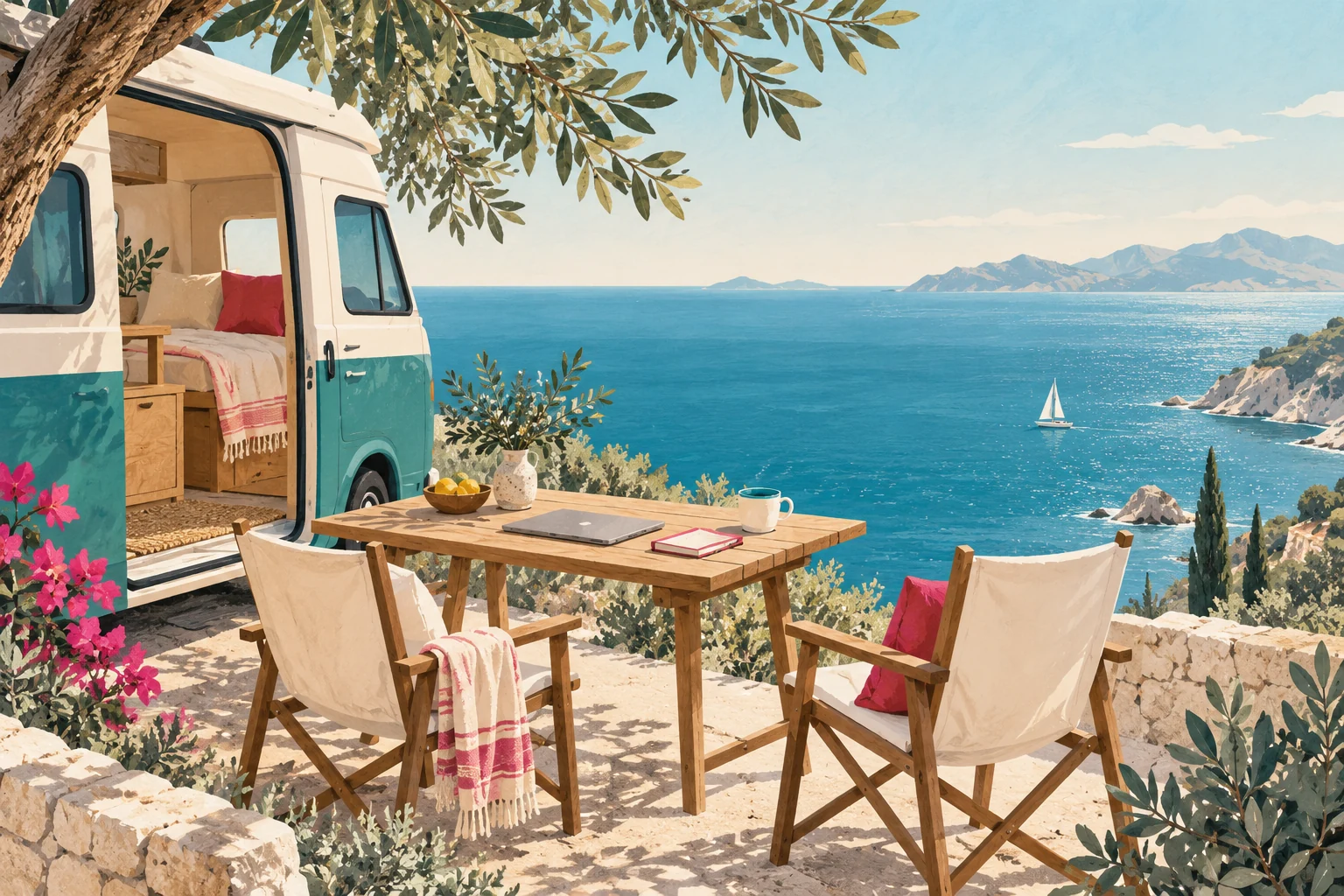 Illustration eines ruhigen Arbeitsplatzes am Meer, mit geschlossenem Laptop und Platz zum Durchatmen