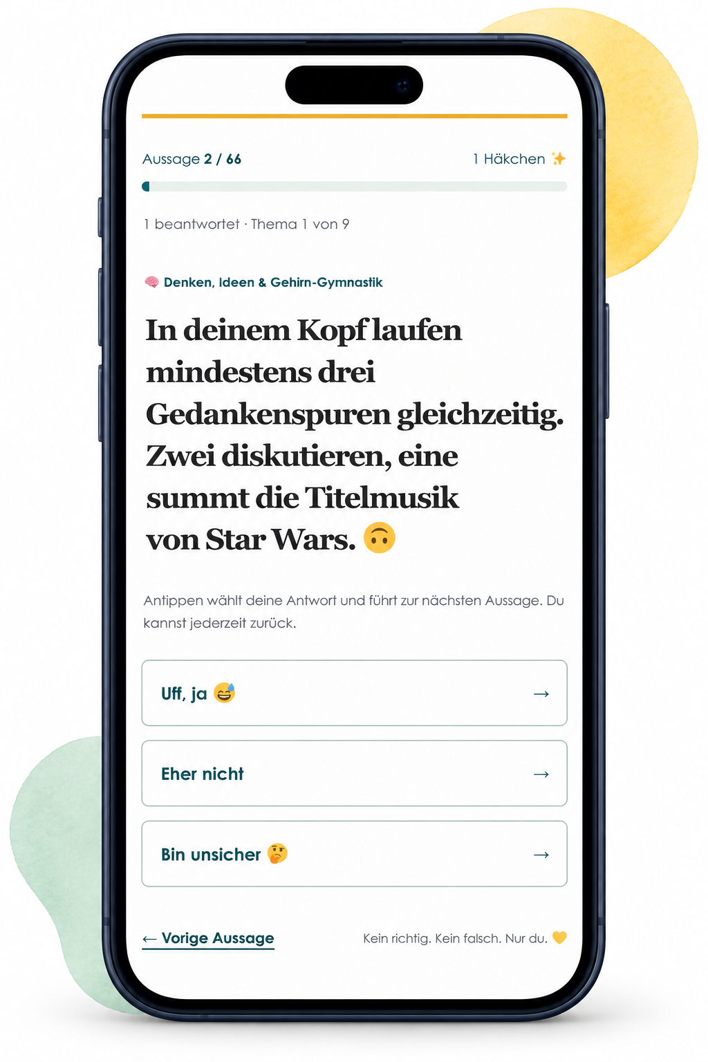 Interaktiver Selbsttest auf dem Smartphone mit Fortschrittszähler und drei Antwortmöglichkeiten